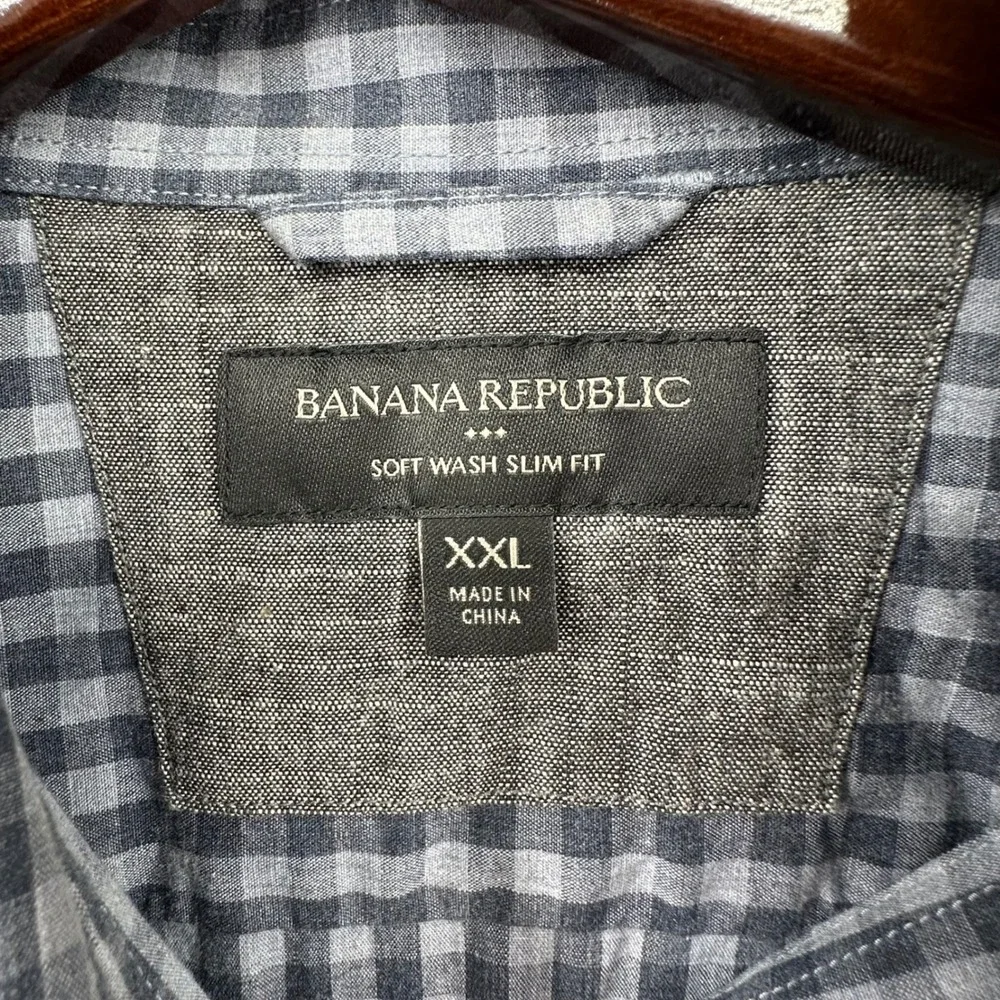 Banana Republic Soft Wash Slim Fit Shirt Mens XXL Grey Navy Gingham Check Cotton